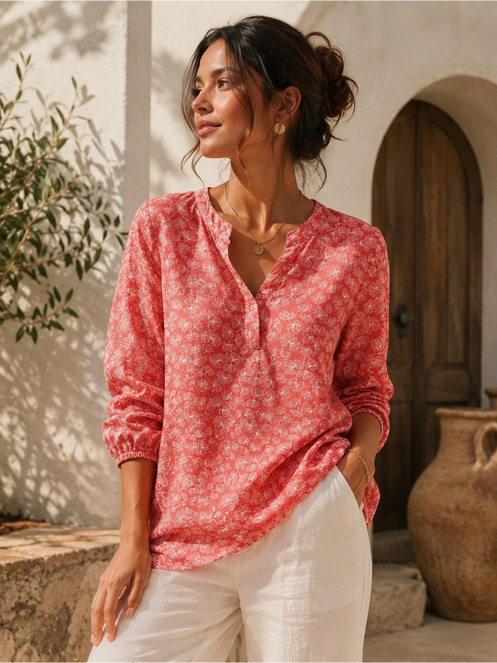 Denver Hayes Coral Floral Print Top 3/4 length Sleeve - Large